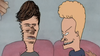 Butt-Head shaking his head side to side in a blur while sitting next to Beavis on the couch in Beavis and Butt-Head