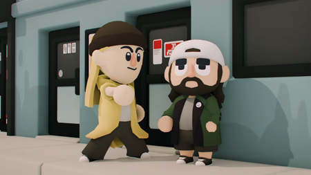 Two men stand outside a shop