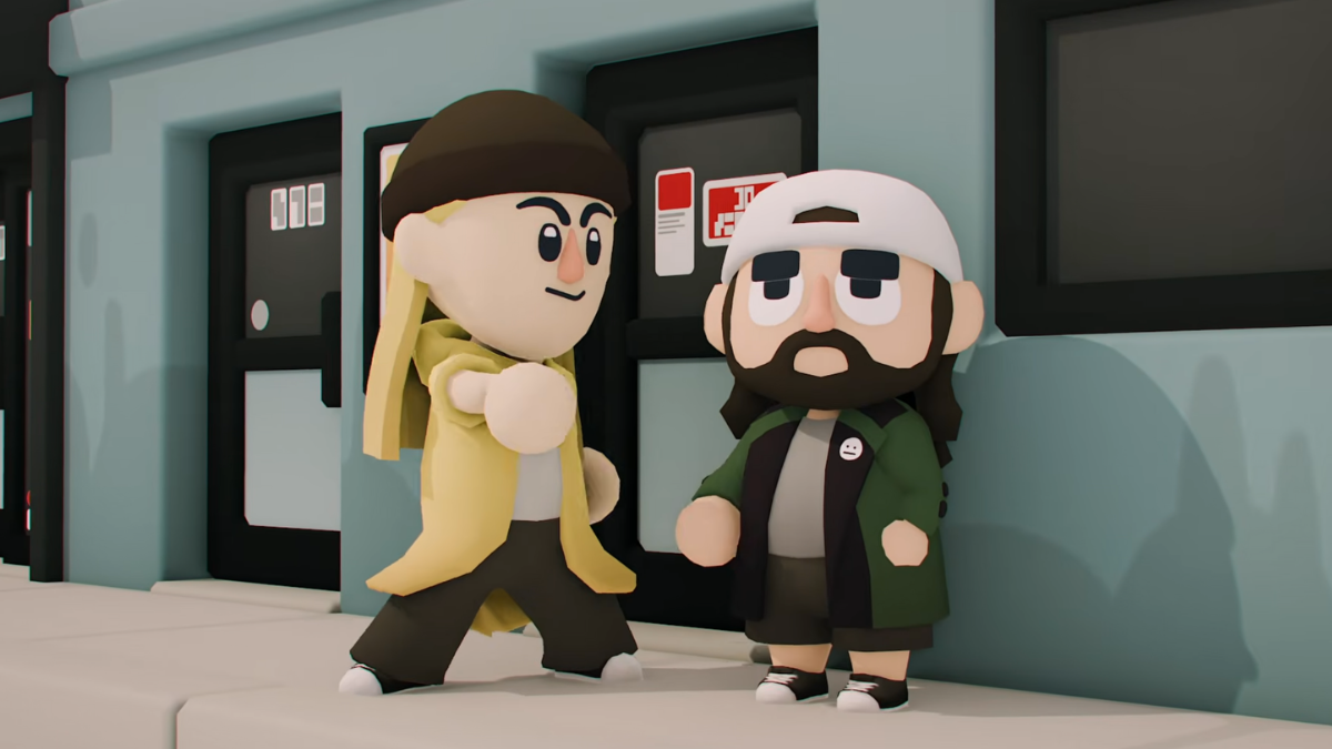 Two men stand outside a shop