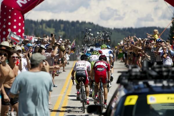 Huge crowds lined the road atop the day's first KOM on Rabbit Ears Pass.