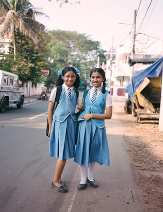 Two happy school girls smile on their journey home dressed in their light blue uniforms