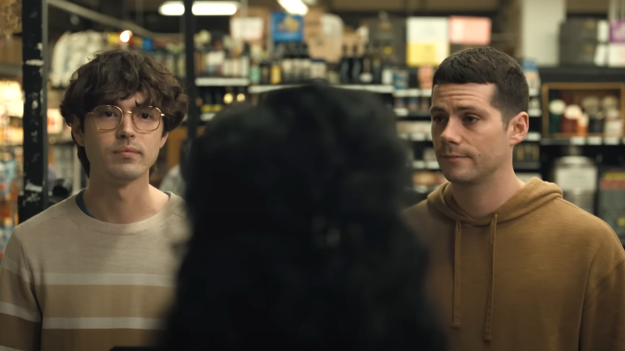 Dylan O&#039;Brien and James Sweeney in a grocery store in Twinless