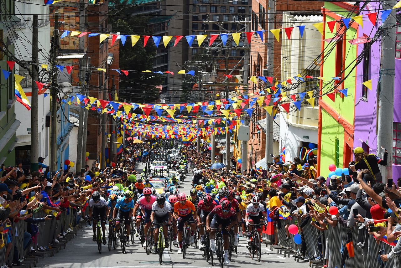 Sergio Higuita (EF Pro Cycling) and Egan Bernal (Team Ineos) at the bottom of the stage 6 final climb at Tour Colombia 2.1