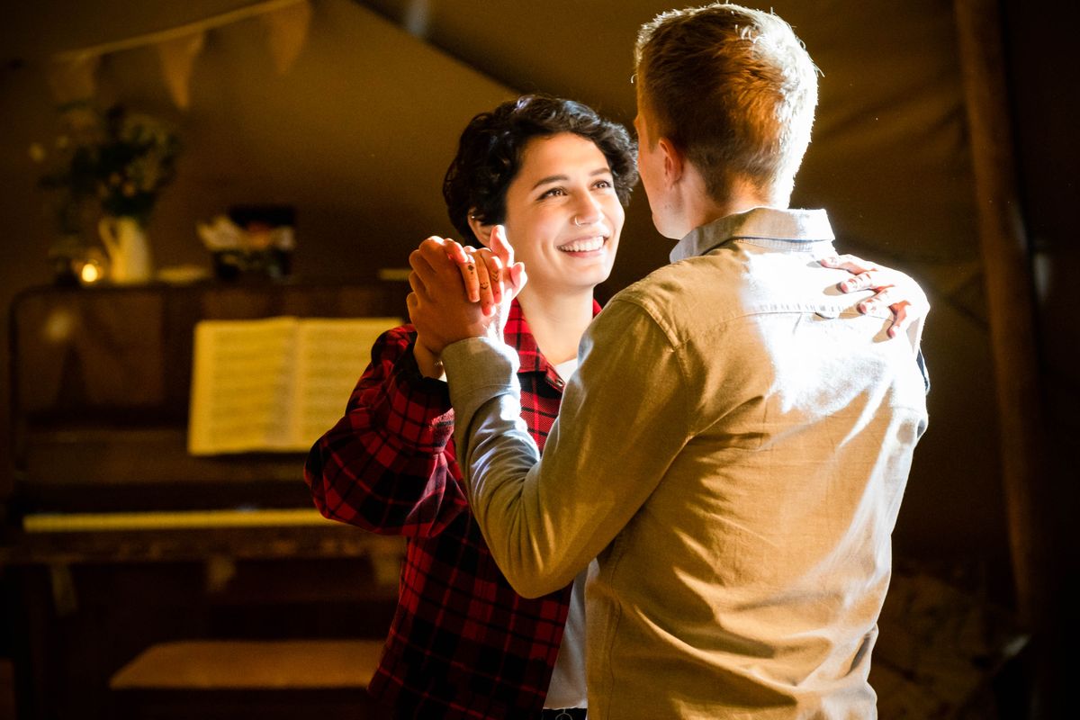 Ethan and Fenisha practise their first dance ahead of their wedding in Casualty.