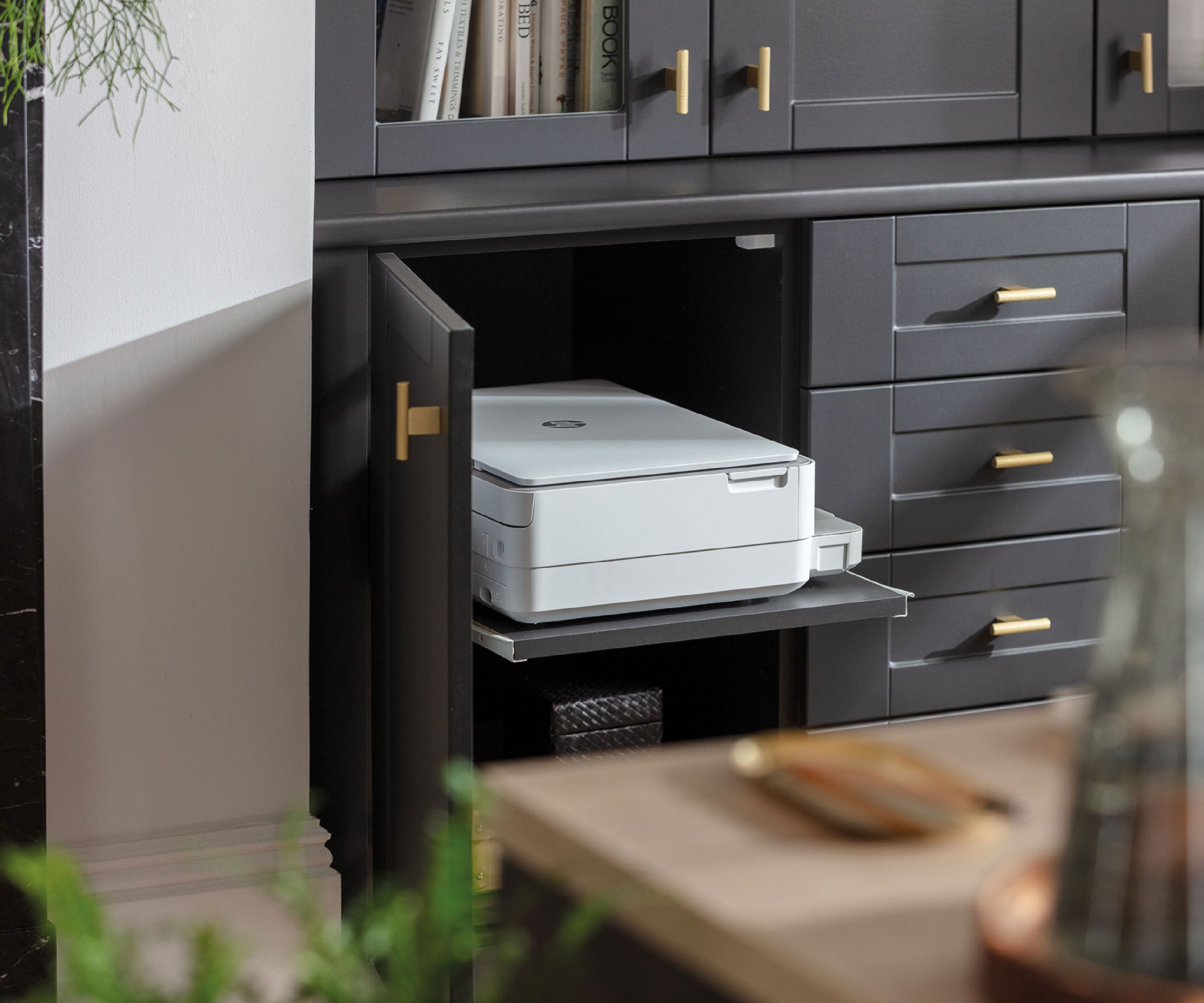 grey office unit with printer