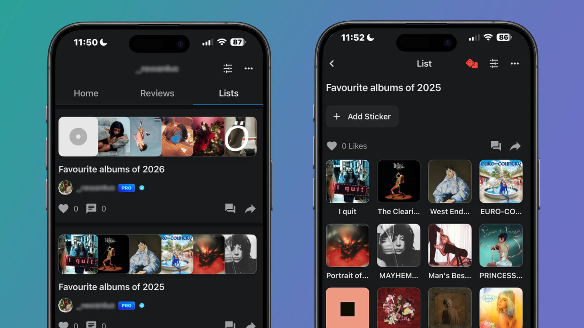 Two smartphones showing a list of favorite albums in the Musicboard app