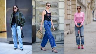 A composite of street style influencers wearing baggy jeans and heels