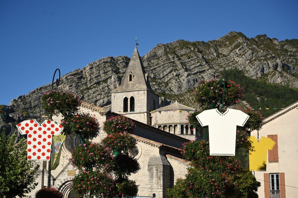 SISTERON FRANCE AUGUST 31 Sisteron Village Polka Dot Mountain Jersey Church Landscape Mountains during the 107th Tour de France 2020 Stage 3 a 198km stage from Nice to Sisteron 488m TDF2020 LeTour on August 31 2020 in Sisteron France Photo by Stuart FranklinGetty Images