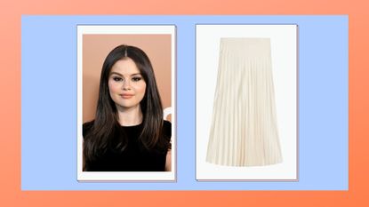 Selena Gomez headshot next to a white pleated skirt on a peach and purple background