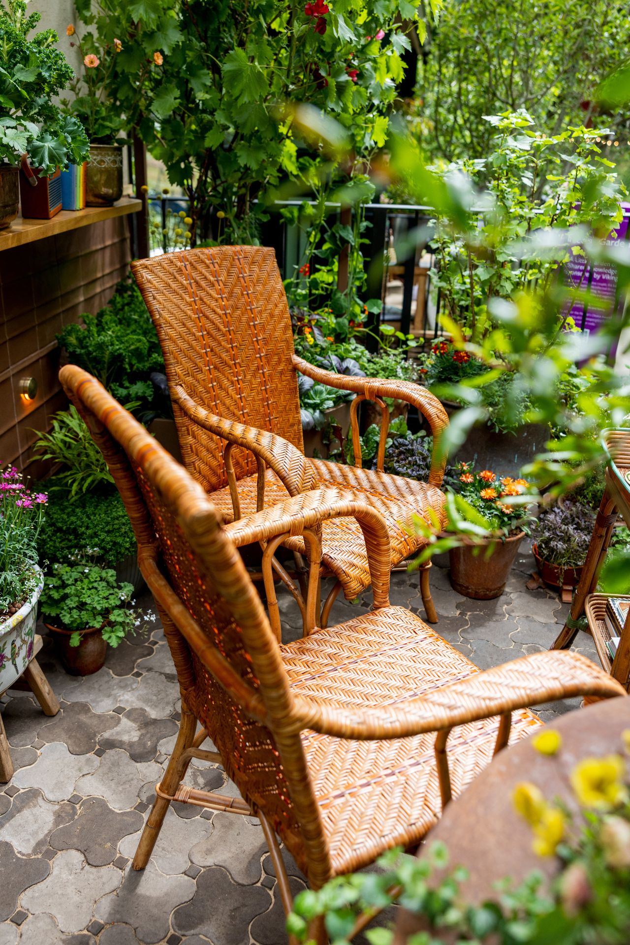 Images and close ups of the balcony garden by Viking, titled A Little Garden of Shared Knowledge.