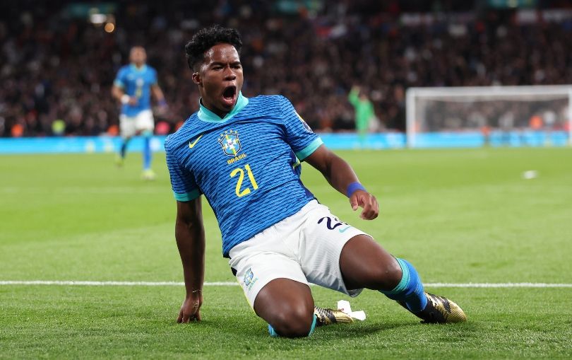 Brazil forward Endrick celebrates his winner against England back in March