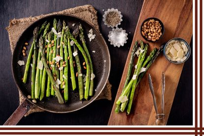 Cooking asparagus on a griddle pan in our how to cook asparagus guide