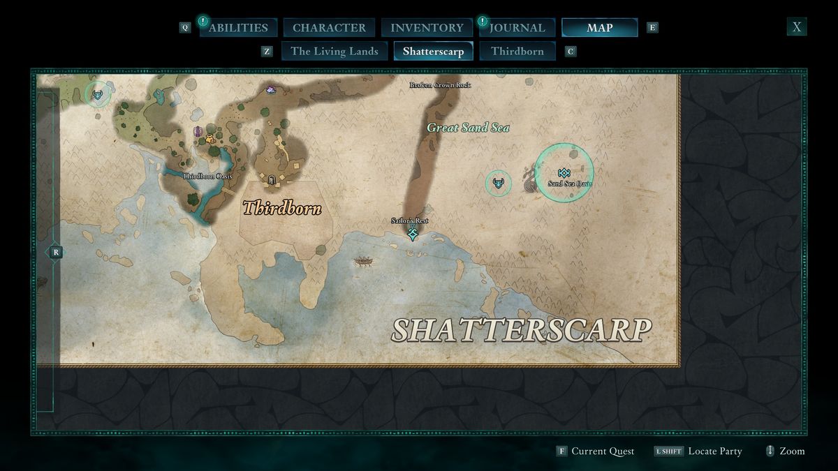 Avowed - Shatterscarp map showing the Sailor's Rest area just east of Thirdborn on the coast.