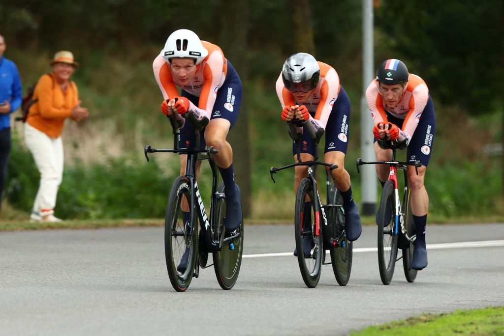 Dutch team pictured in action during the elite mixed team relay time trial race a 384km track in and around Emmen The Netherlands on the second day of the UEC Road European Championships Thursday 21 September 2023 The European cycling championships takes place from 20 to 24 septemberBELGA PHOTO DAVID PINTENS Photo by DAVID PINTENS BELGA MAG Belga via AFP Photo by DAVID PINTENSBELGA MAGAFP via Getty Images