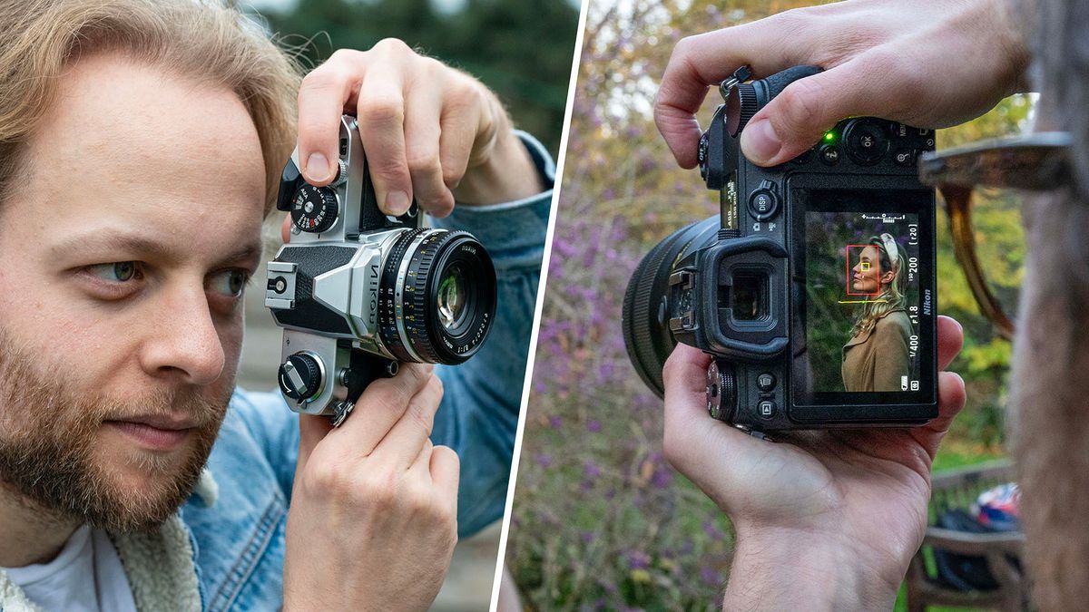 Left image, man looking through Nikon FM viewfinder, Right image, man holding camera out and looking at rear LCD while taking a portrait 