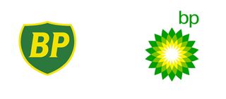 BP rebranded sunflower-style logo next to the old shield-style logo