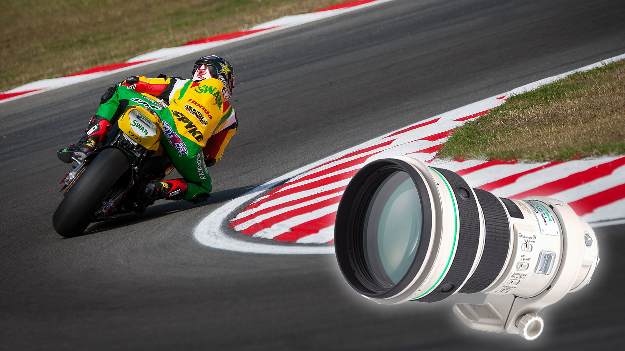 Canon EF 400mm f/4 DO IS USM over the top of a motorbike racing around a corner on race track