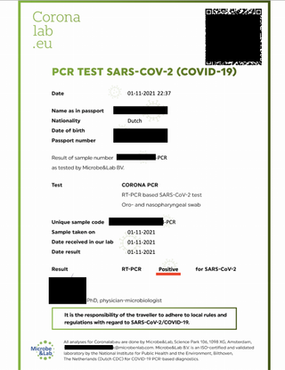 Positive test certificate from the CoronaLabs database