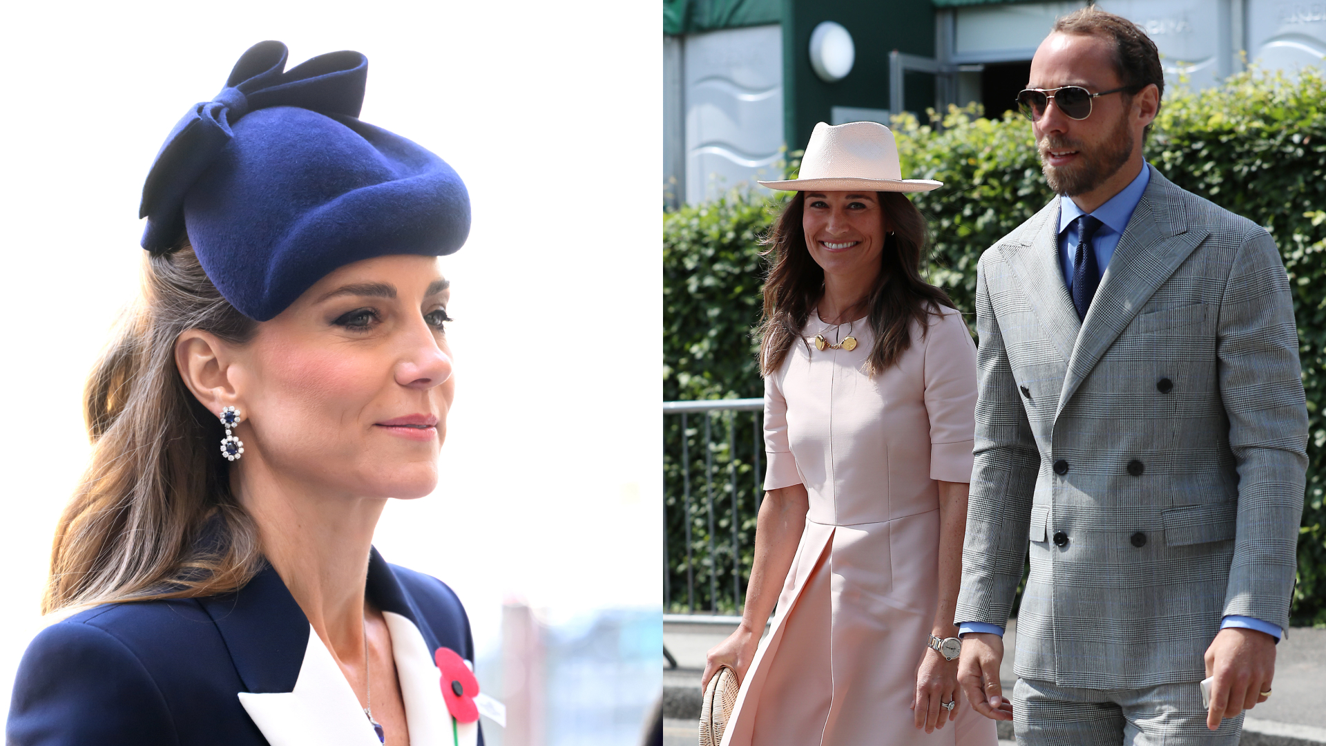 Princess Kate in a blue hat and coat; Pippa and James Middleton at Wimbledon