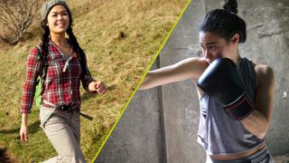 Split image of a woman hiking and a woman doing boxing, a complementary exercise pairing