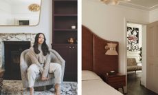 A split-screen image. On the left, interior designer Bee Janaye poses in a textured swivel chair between a marble fireplace and deep burgundy built-ins. On the right, the detailed shot of the leather headboard and bedroom interior is repeated