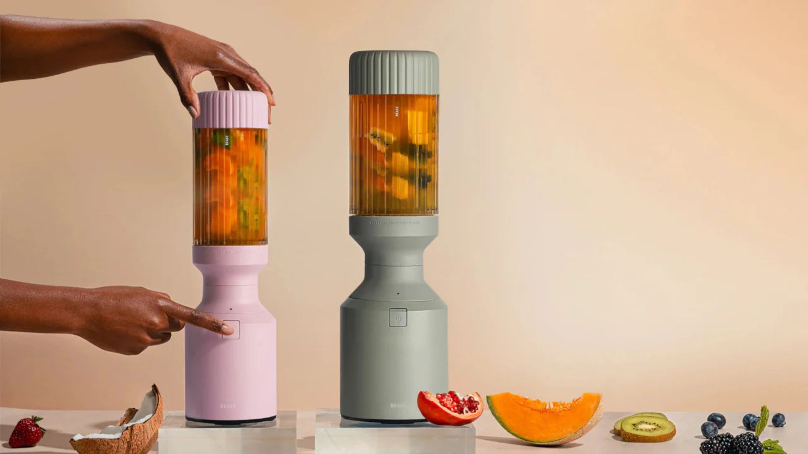 Beast blenders in sage and pale pink, blending tropical smoothies