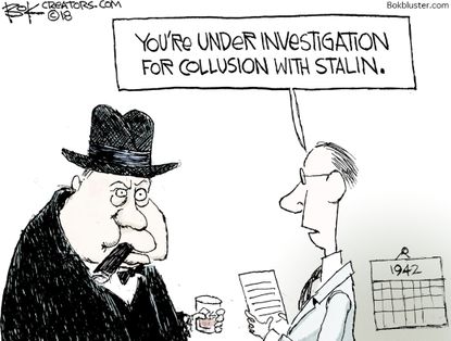 Political cartoon U.S. Trump Putin Helsinki summit Churchill collusion Stalin