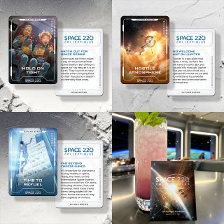 A pack of cards comes with each kid's meals or non-alcoholic drink at the Space 220 restaurant. Here are examples of Mars, Jupiter and Saturn series' cards.