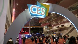 CES logo on an arch in the grand lobby of LVCC