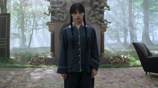 Jenna Ortega standing in pajamas in Wednesday Season 2, Part 2.