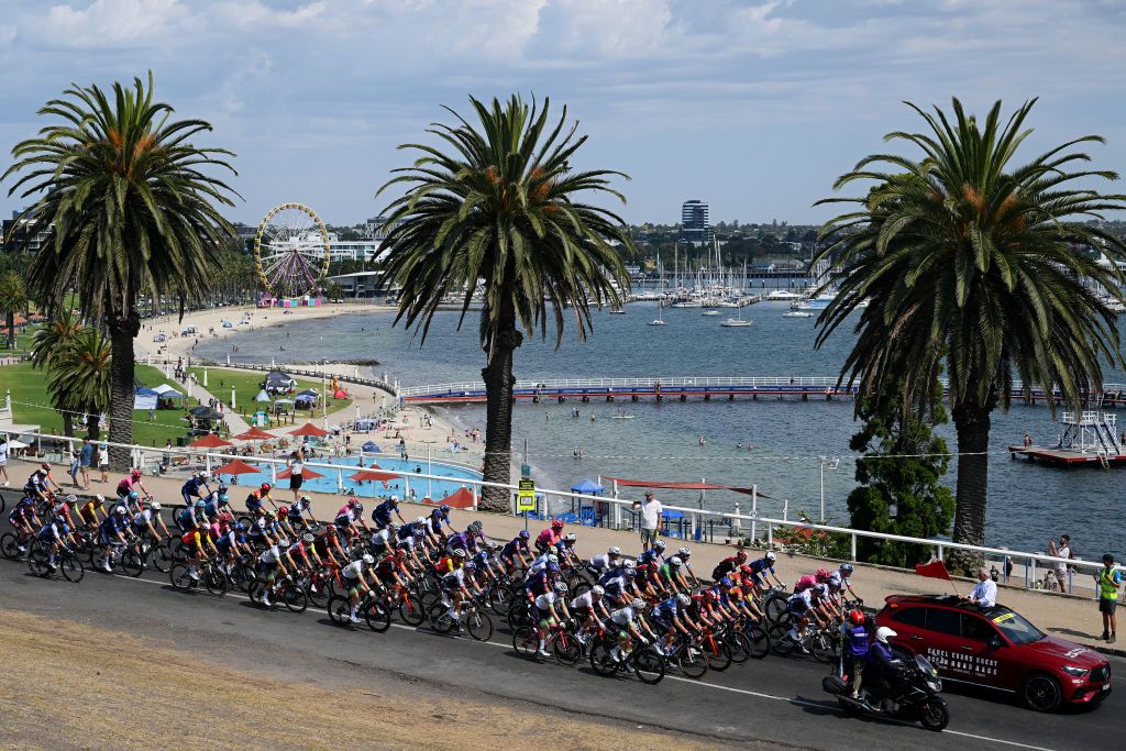 GEELONG AUSTRALIA FEBRUARY 02 A general view of the peloton competing prior to the 9th Cadel Evans Great Ocean Road Race 2025 Mens Elite a 1838km one day race from Geelong to Geelong UCIWT on February 02 2025 in Geelong Australia Photo by Dario BelingheriGetty Images