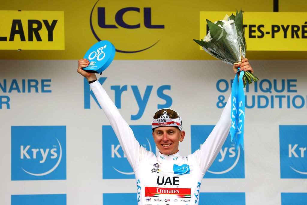 SAINTLARYSOULAN COL DU PORTET FRANCE JULY 14 Tadej Pogaar of Slovenia and UAETeam Emirates White Best Young Rider Jersey celebrates at podium during the 108th Tour de France 2021 Stage 17 a 1784km stage from Muret to SaintLarySoulan Col du Portet 2215m LeTour TDF2021 on July 14 2021 in SaintLarySoulan Col du Portet France Photo by Michael SteeleGetty Images