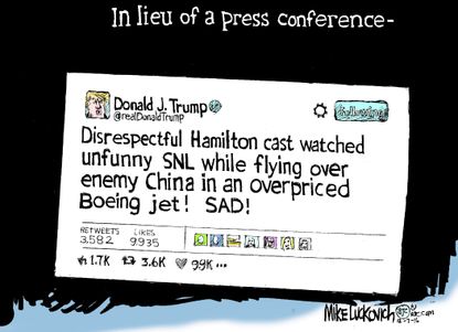 Political cartoon U.S. Donald Trump Twitter Hamilton cast SNL