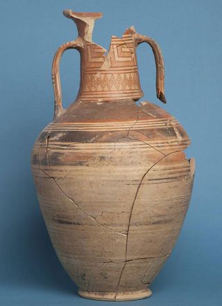 A jar decorated with zigzagging lines was found beside the sarcophagus inside the 2,800-year-old Greek tomb.