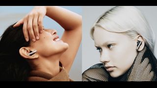 Two images side by side, one showing the B&O Beo Grace, the other the Oddict Twig Pro. In both cases, the earbuds are worn by women, and the product resemblance is striking