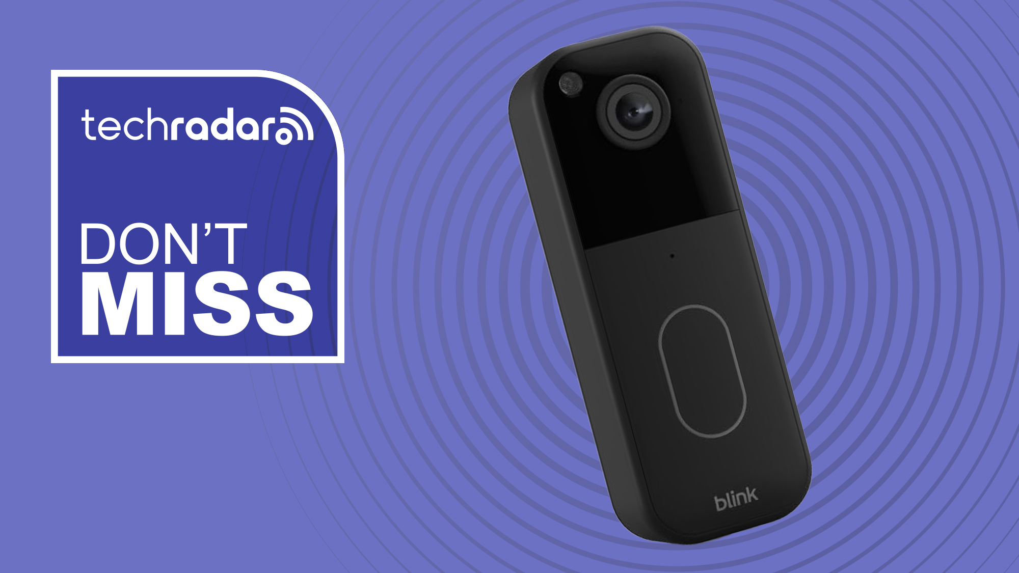 Blink Video Doorbell Gen 2 on purple background with white text reading 'TechRadar don't miss'