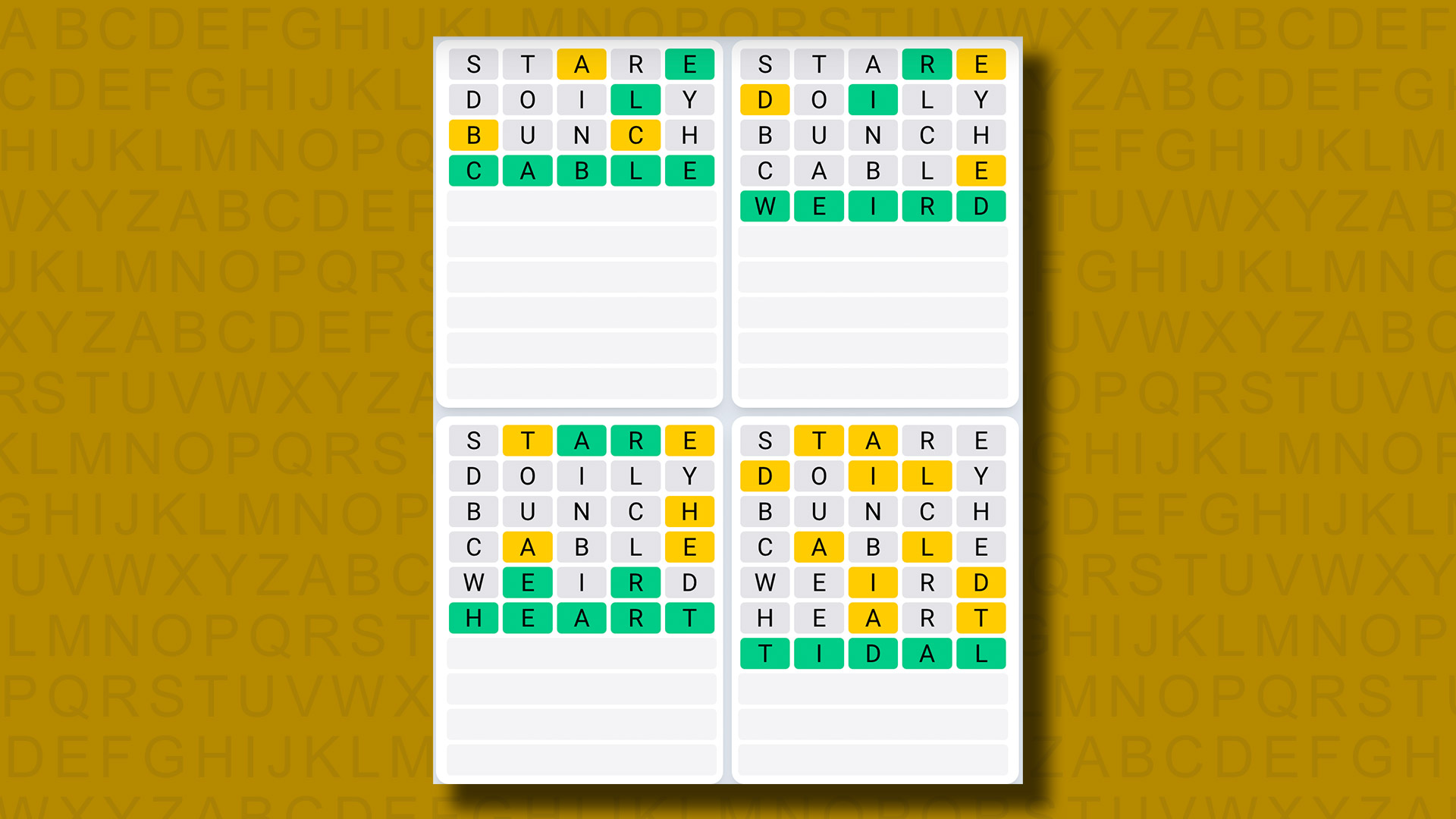 Respuestas del juego de secuencia diaria de Quordle para el juego 905 sobre un fondo amarillo