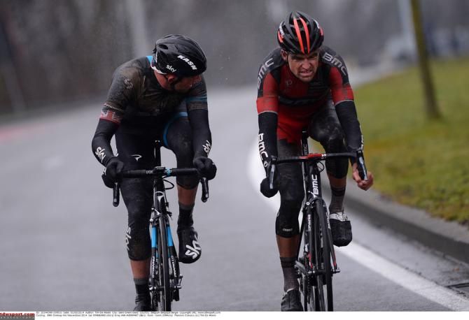 Ian Stannard around at Greg Van Avermaet as they head to the line