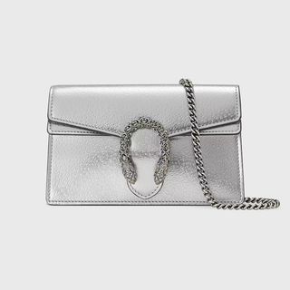 Gucci Dionysus Leather Super Mini Bag in Silver Lamé Leather