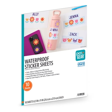 Pen+gear Waterproof and Repositionable Sticker Paper, 8.5" X 11", 10 Sheets, White