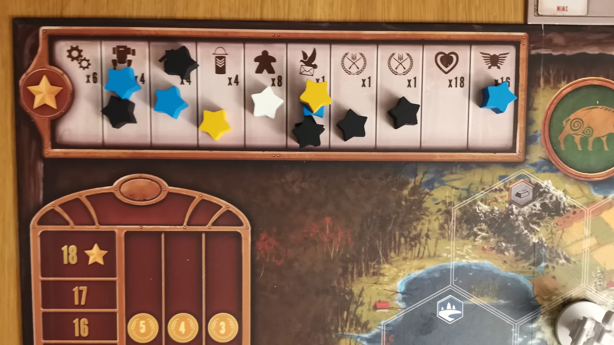 Scythe star tokens laid out on the board