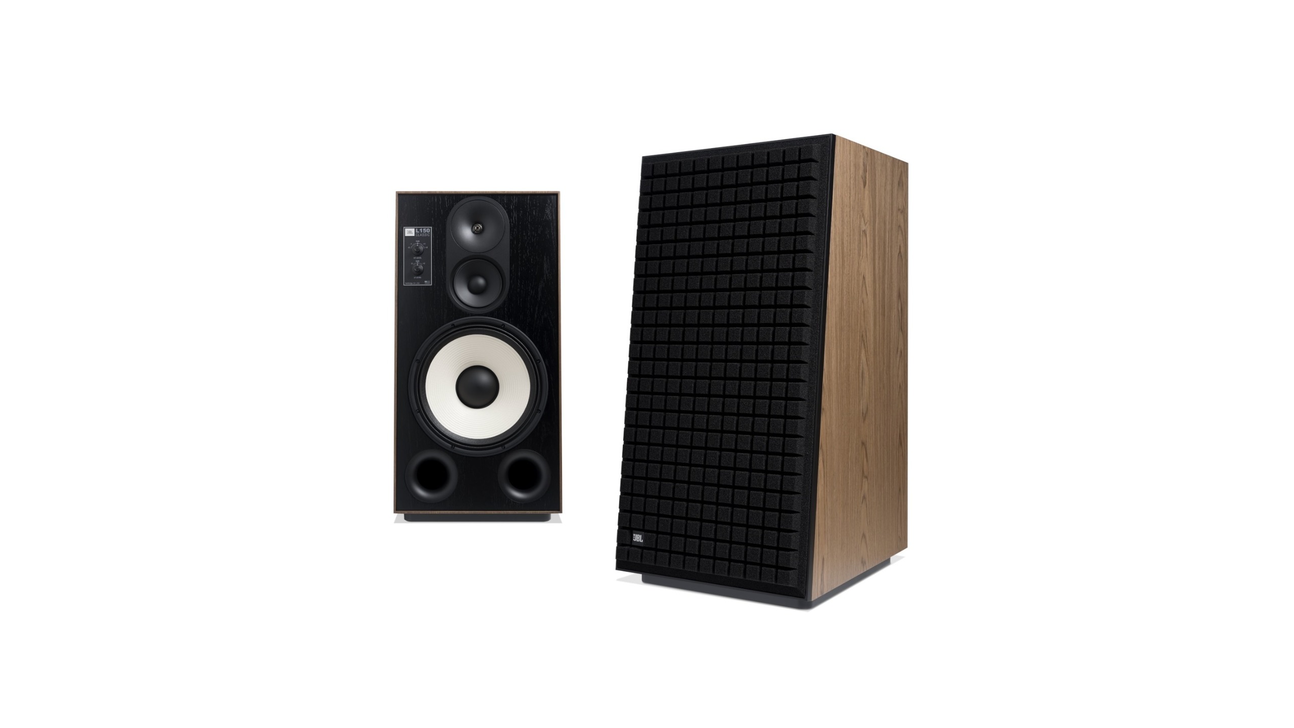 A JBL L150 Classic speaker shown both with and without the front baffle, on a white background.