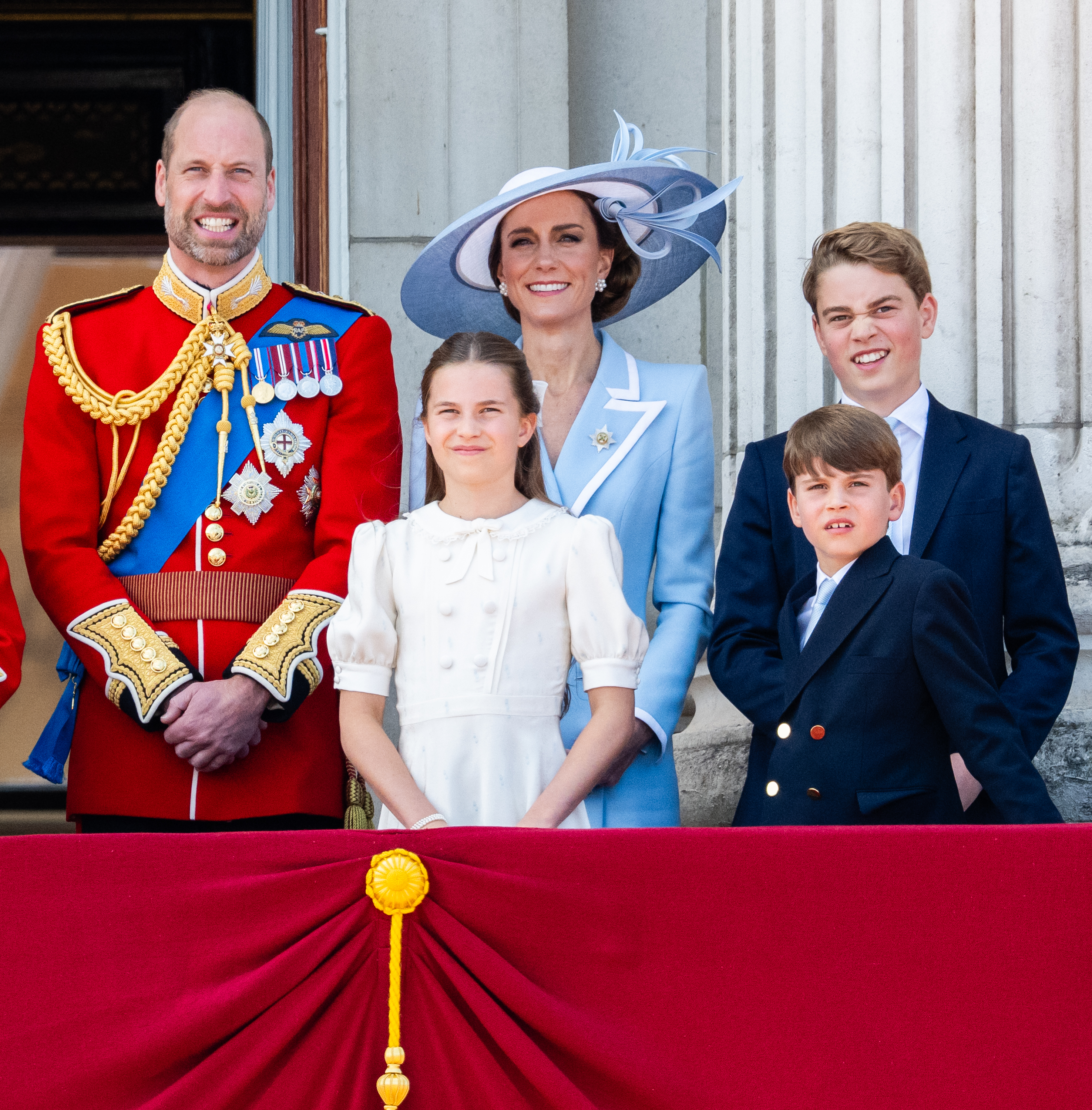 Prince William, Princess Kate, Princess Charlotte, Prince Louis and Prince George on the balcony at Trooping the Colour 2026
