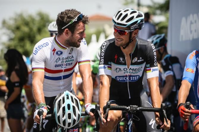 Mark Cavendish and (Omega Pharma-Quick Step teammate Tom Boonen enjoy a joke