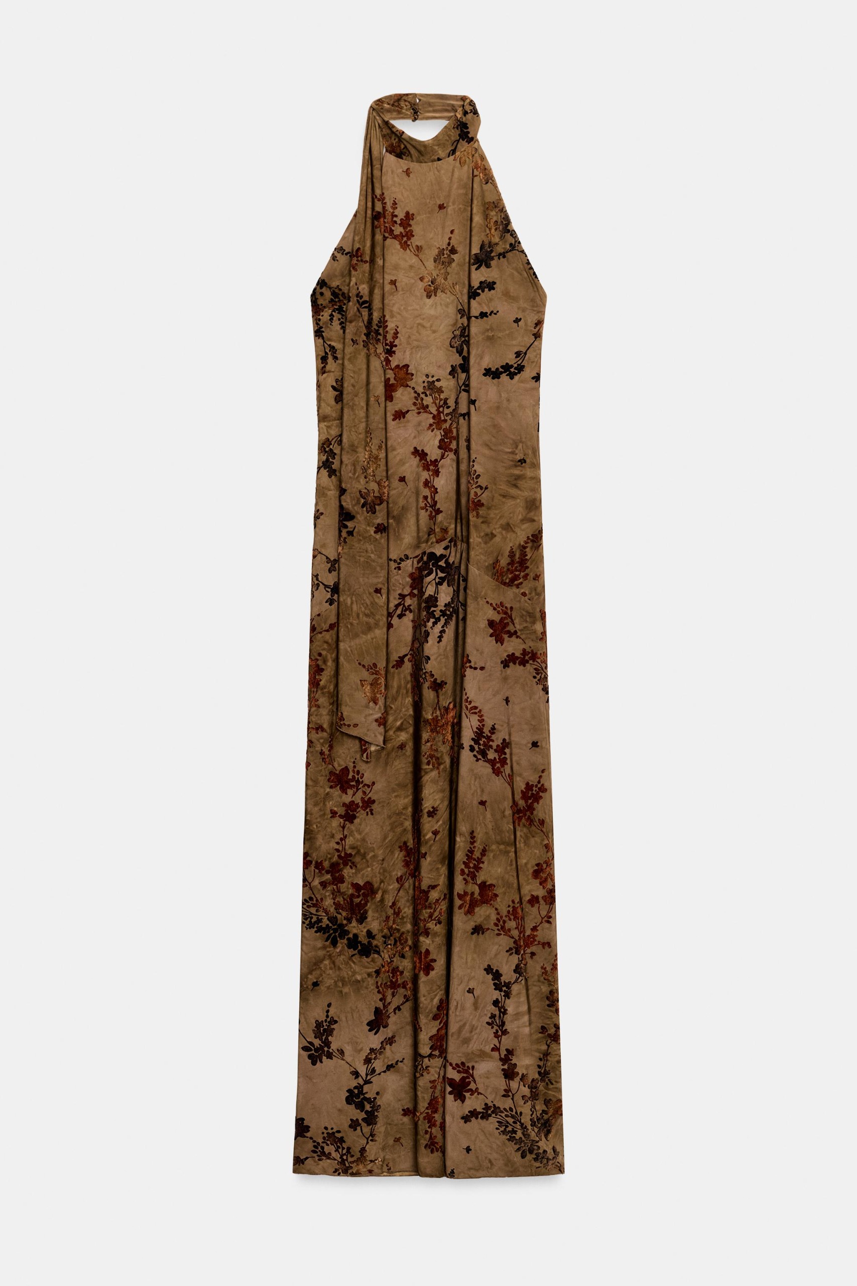 Flocked Scarf Halter Maxi Dress - Toffee - S