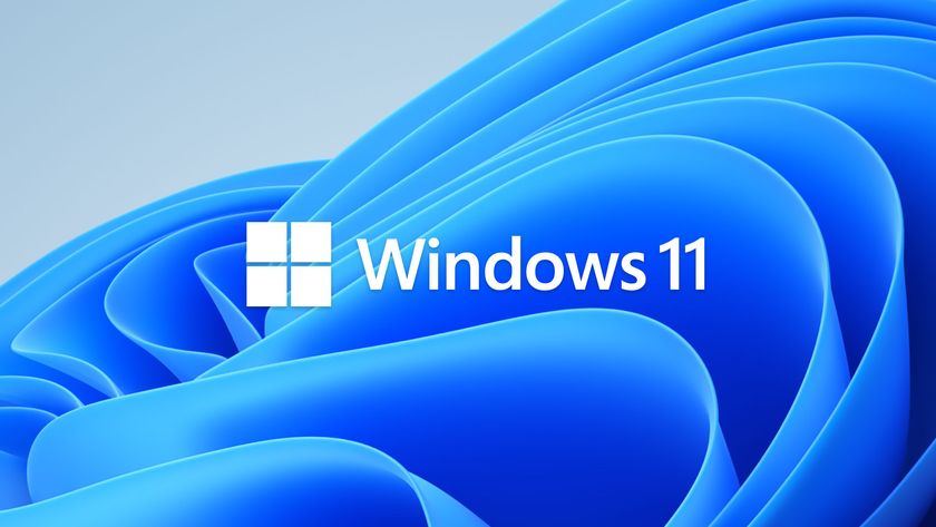 Windows 11 logo on blue bloom background.