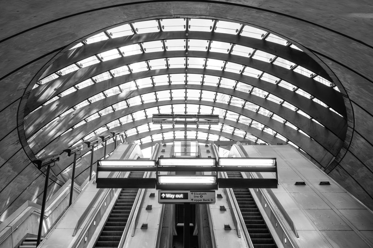 Fujifilm Film Simulation applied to a photo of Canary Wharf tube station in London