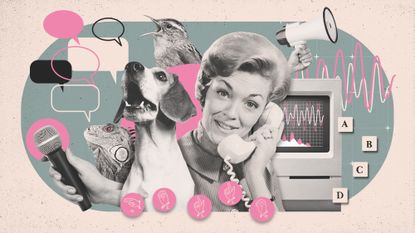 Photo compiste of a woman on the telephone talking to various animals
