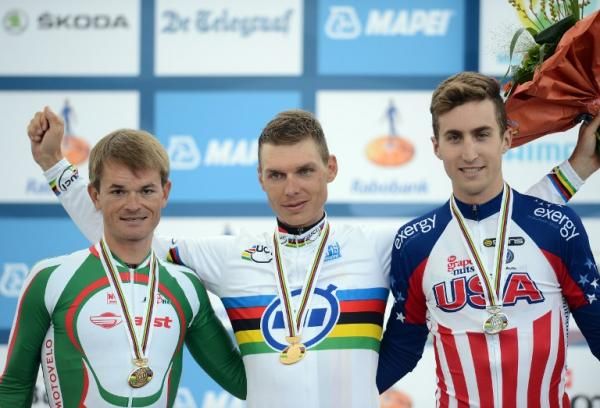 Elite men's TT podium: Vasil Kiryienka (Belarus), Tony Martin (Germany), Taylor Phinney (United States)