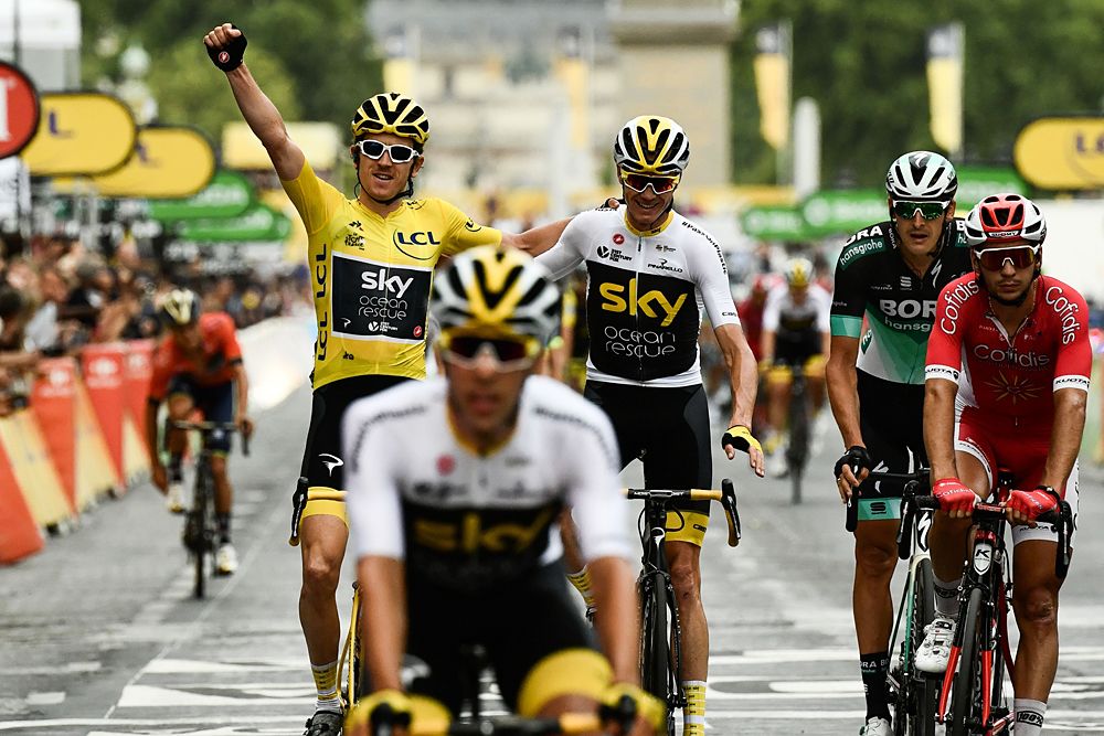 Geraint Thomas (Team Sky) celebrates his overall victory at the Tour de France